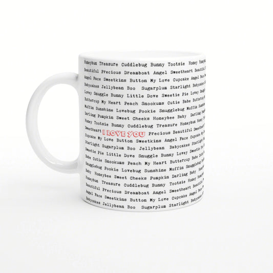 White ceramic mug mockup covered in repeating black nickname words; center shows red 'I LOVE YOU' text.