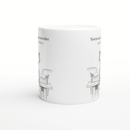 White ceramic mug with a pale pencil-sketch design around the bottom edge and partial slogan text along the rim.