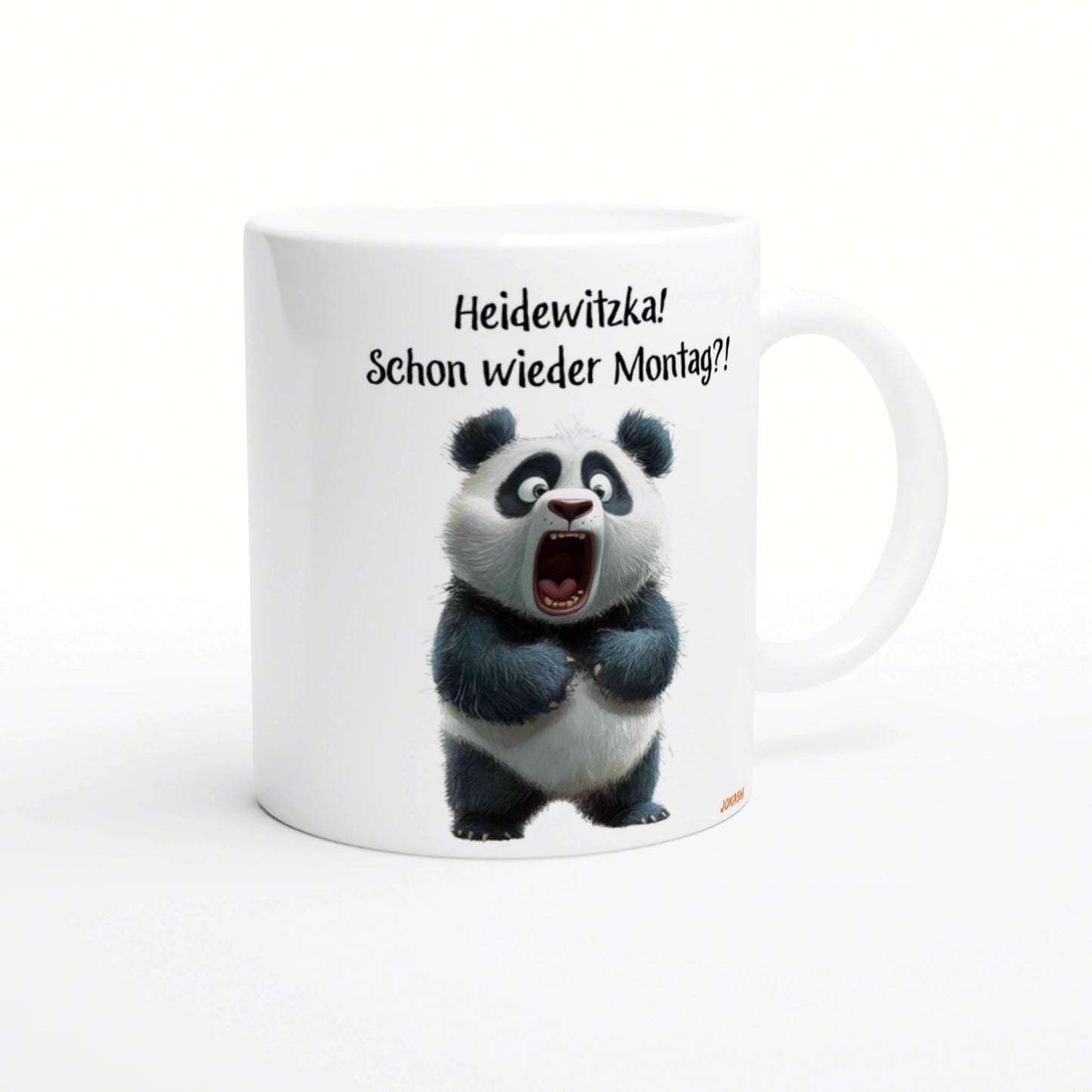 White ceramic mug featuring a wide-eyed panda and the German caption Heidewitzka! Schon wieder Montag?!