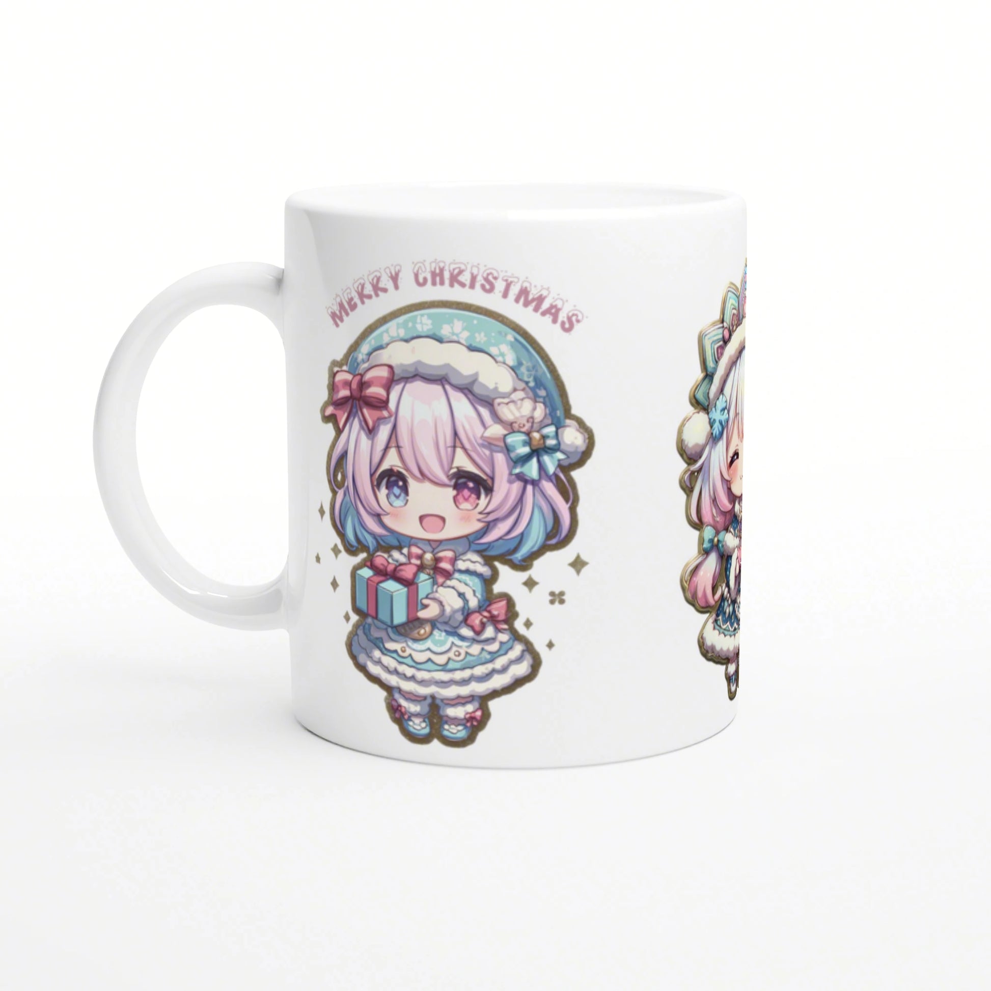 White mug with pastel chibi Christmas girl holding a gift; Merry Christmas curved above; partial second character visible on the side.