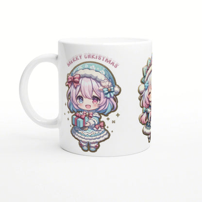 White mug with pastel chibi Christmas girl holding a gift; Merry Christmas curved above; partial second character visible on the side.