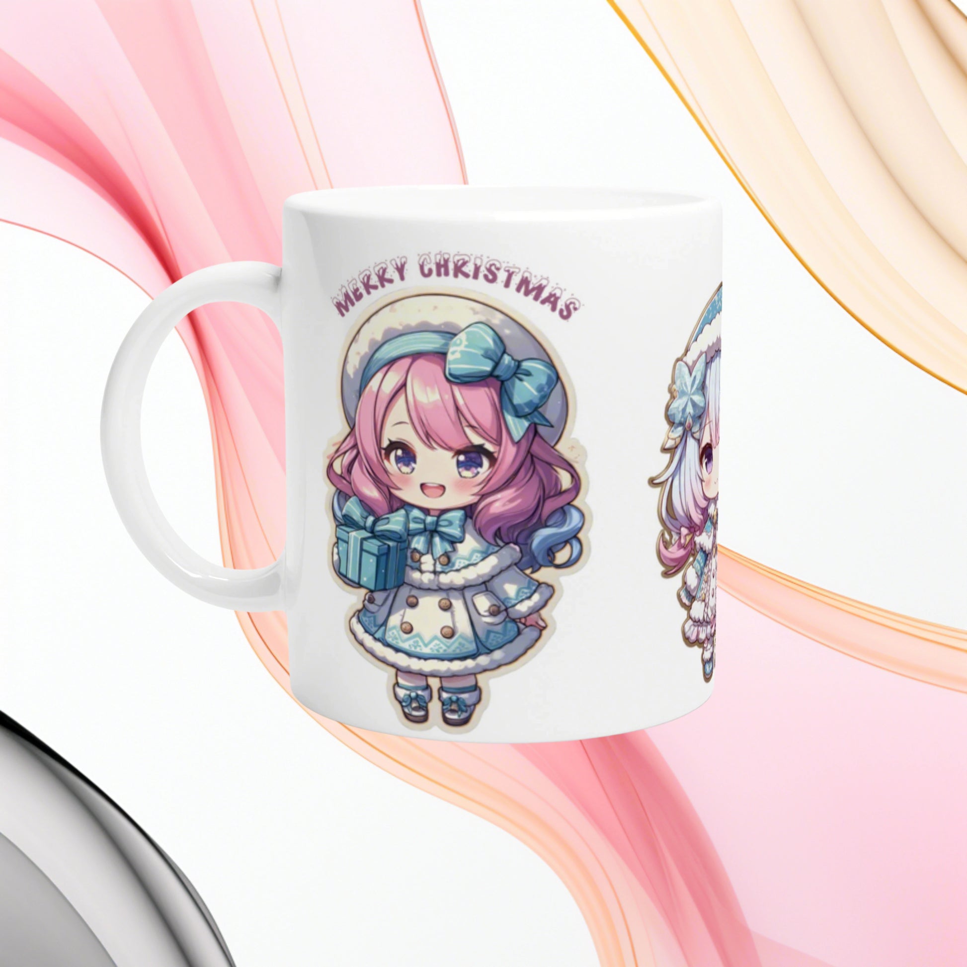 White mug featuring a pastel chibi Christmas girl holding a gift and the text Merry Christmas; cute holiday cup mockup.