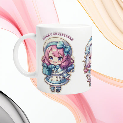 White mug featuring a pastel chibi Christmas girl holding a gift and the text Merry Christmas; cute holiday cup mockup.