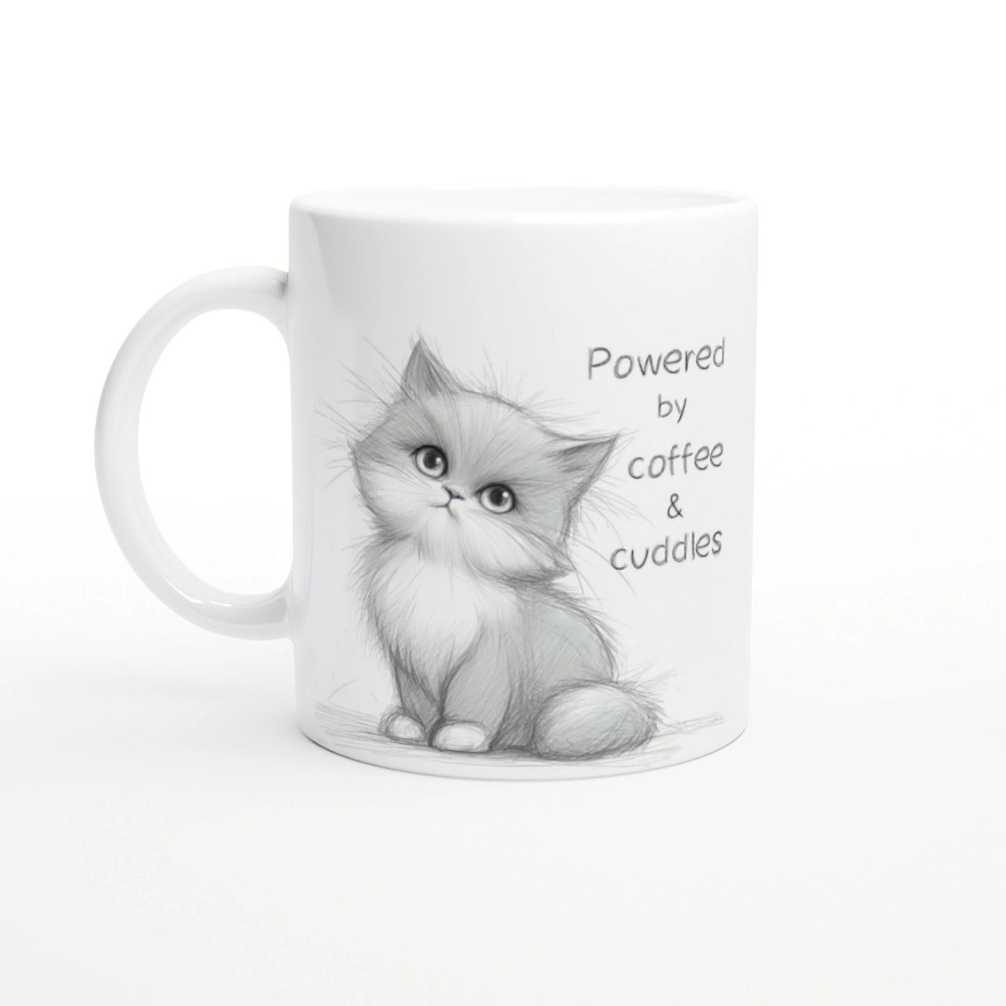 White mug with a cute pencil-drawn kitten and the caption 'Powered by coffee & cuddles'.