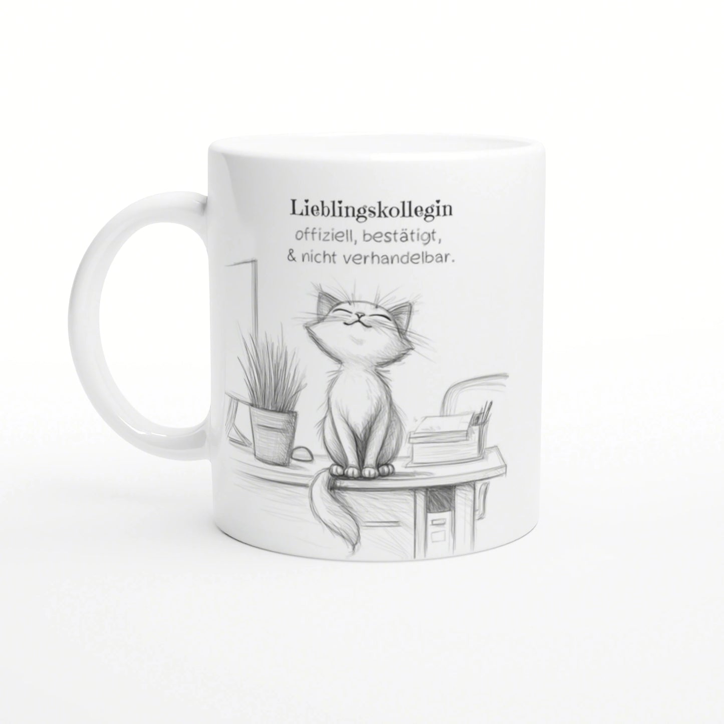 White mug featuring a pencil sketch of a happy cat perched on a desk with a plant and books; German caption about a favorite colleague.