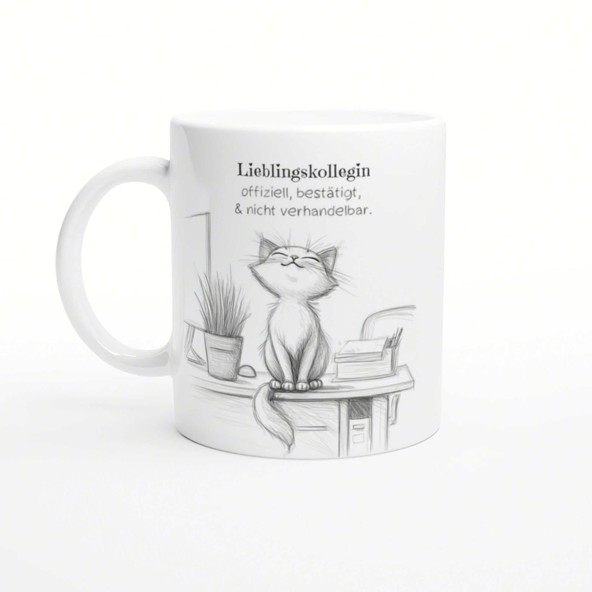 White mug featuring a pencil sketch of a happy cat perched on a desk with a plant and books; German caption about a favorite colleague.