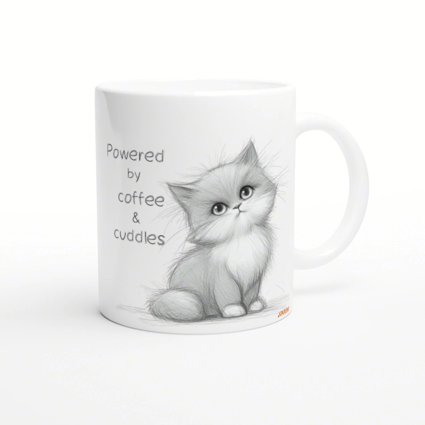 White ceramic mug featuring a pencil-sketch kitten and the caption 'Powered by coffee & cuddles'.