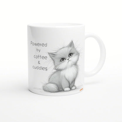 White ceramic mug featuring a pencil-sketch kitten and the caption 'Powered by coffee & cuddles'.