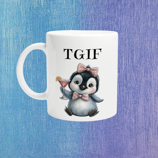 White ceramic mug featuring a cute penguin with pink bow and bow tie, holding a cocktail, and TGIF text; product mockup