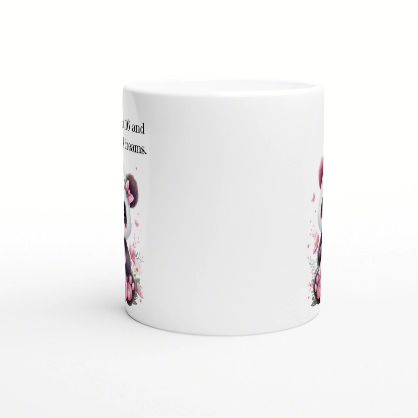 White ceramic mug mockup with pink floral border along the sides and partial text reading '... and dreams'.