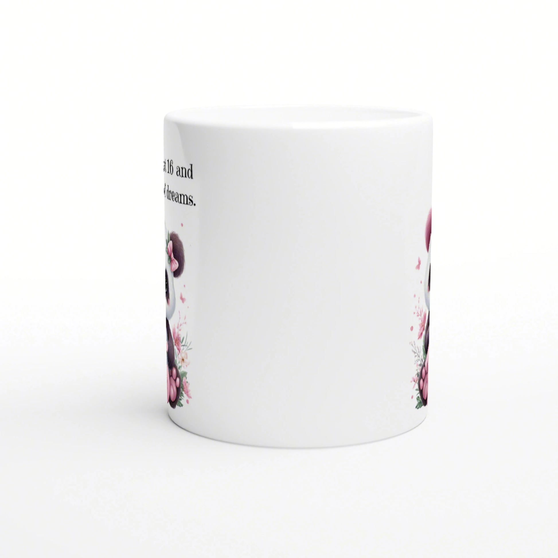 White ceramic mug mockup with pink floral border along the sides and partial text reading '... and dreams'.