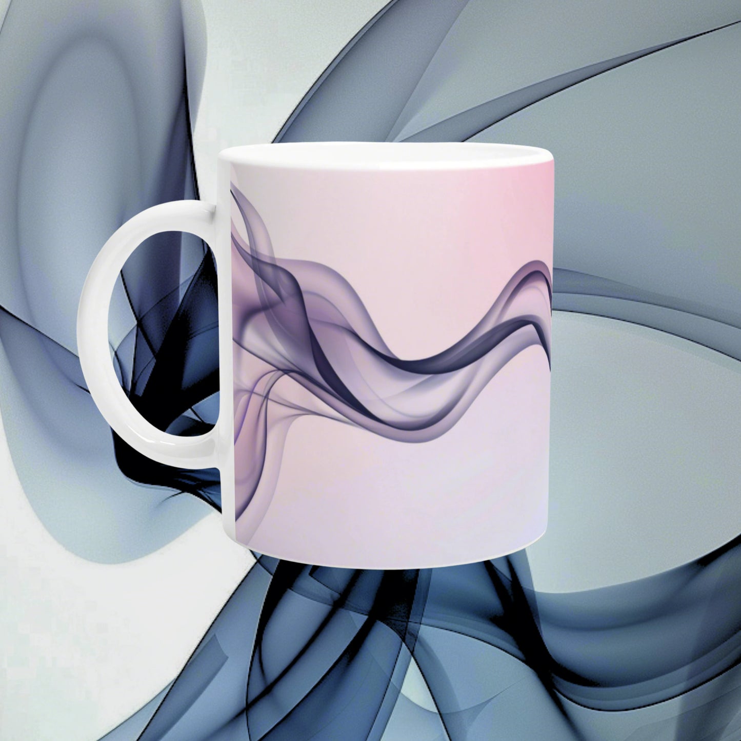 White ceramic mug with a pink gradient and flowing purple smoke design, set against a soft blue abstract background.
