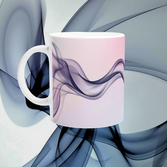 White ceramic mug with a pink gradient and flowing purple smoke design, set against a soft blue abstract background.