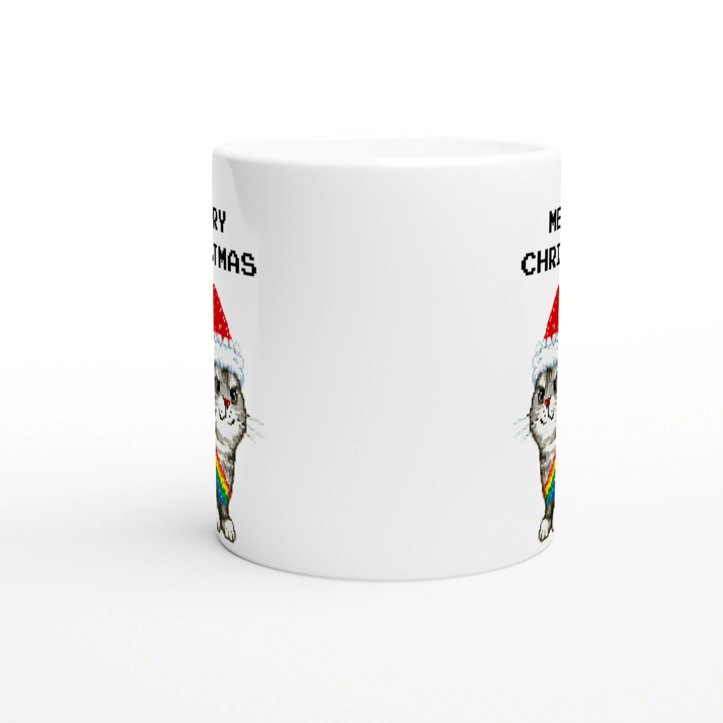 White mug mockup with pixel-art cat in a Santa hat and rainbow scarf, featuring Merry Christmas text along the sides.