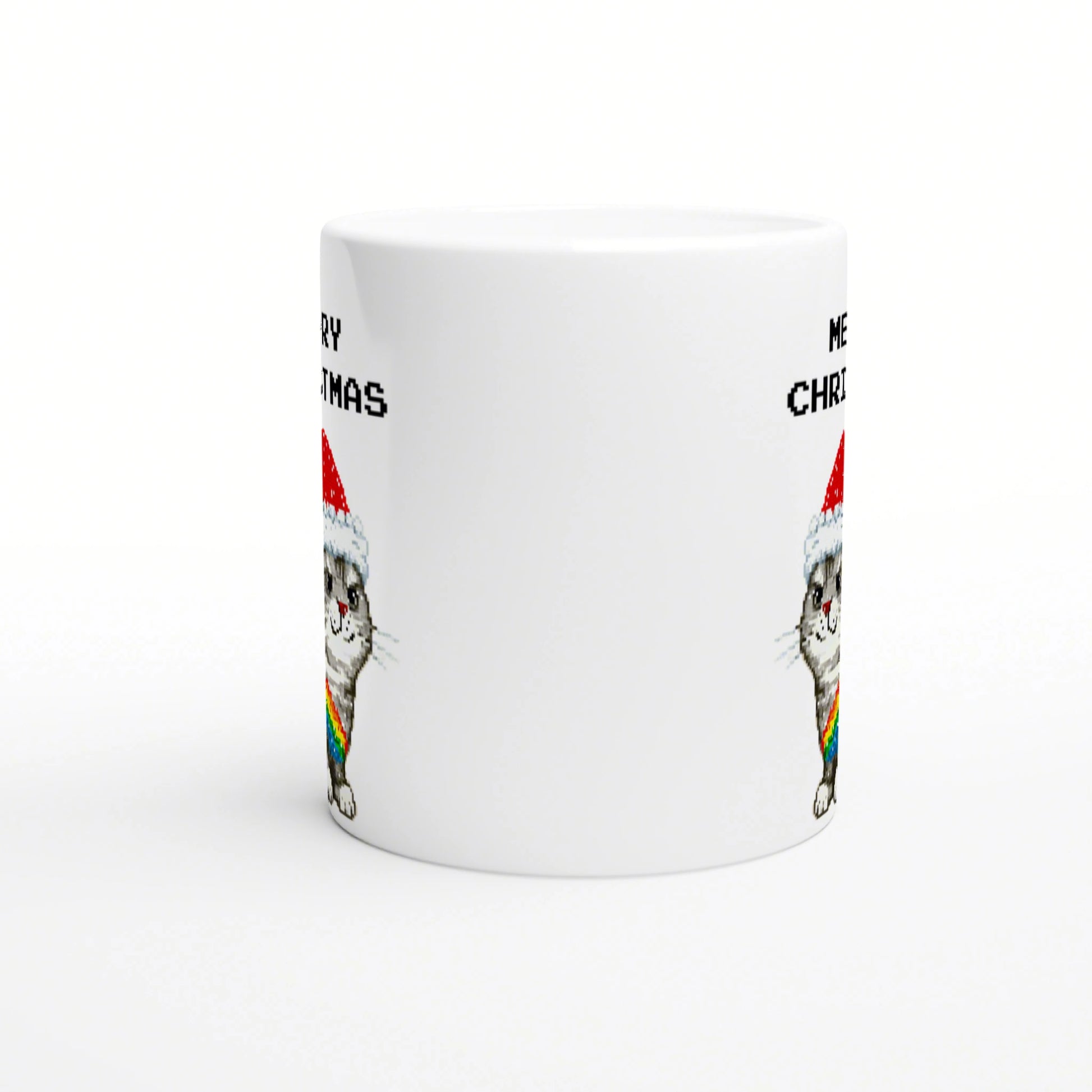 White mug mockup with pixel-art cat in a Santa hat and rainbow scarf, featuring Merry Christmas text along the sides.