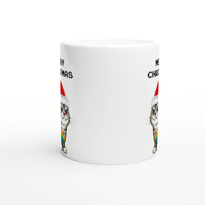 White mug mockup with pixel-art cat in a Santa hat and rainbow scarf, featuring Merry Christmas text along the sides.