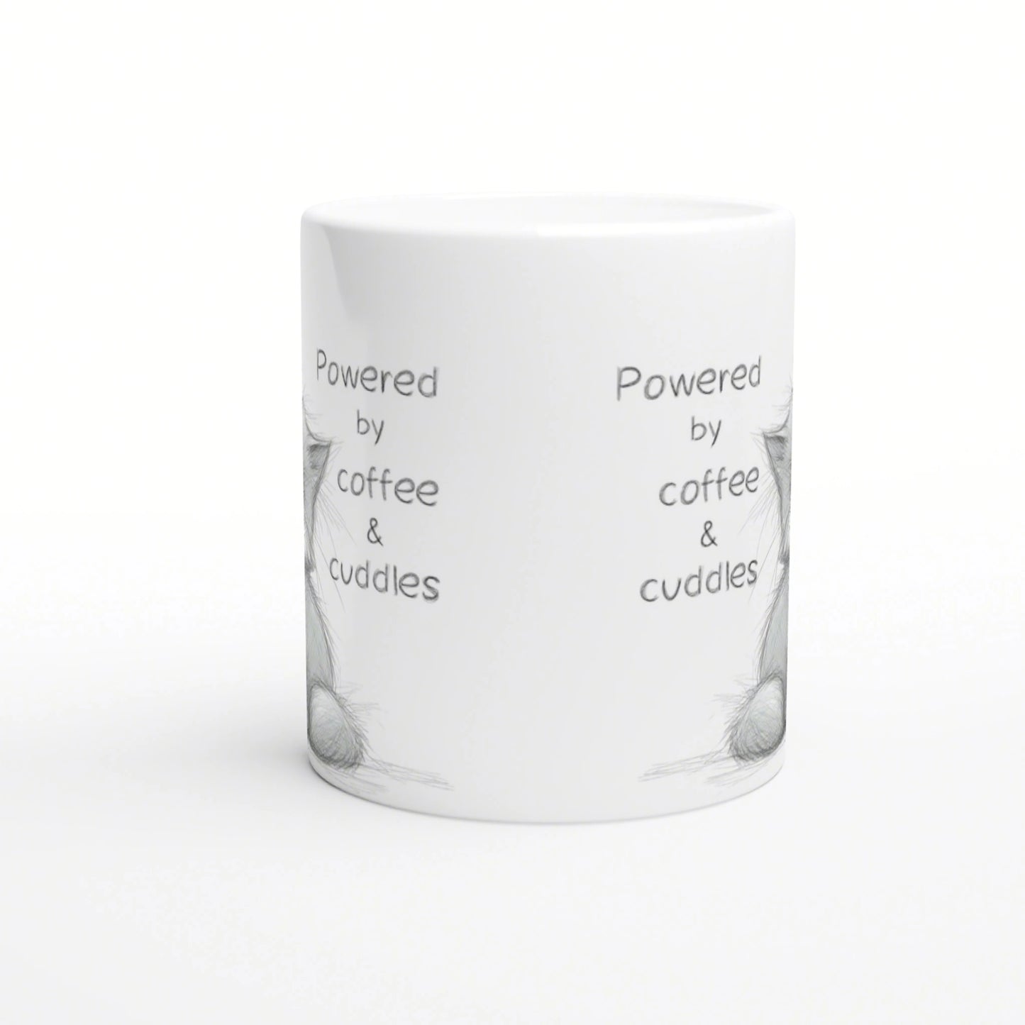 White ceramic mug mockup featuring the phrase 'Powered by coffee & cuddles' in a playful handwritten font, with subtle sketch accents.