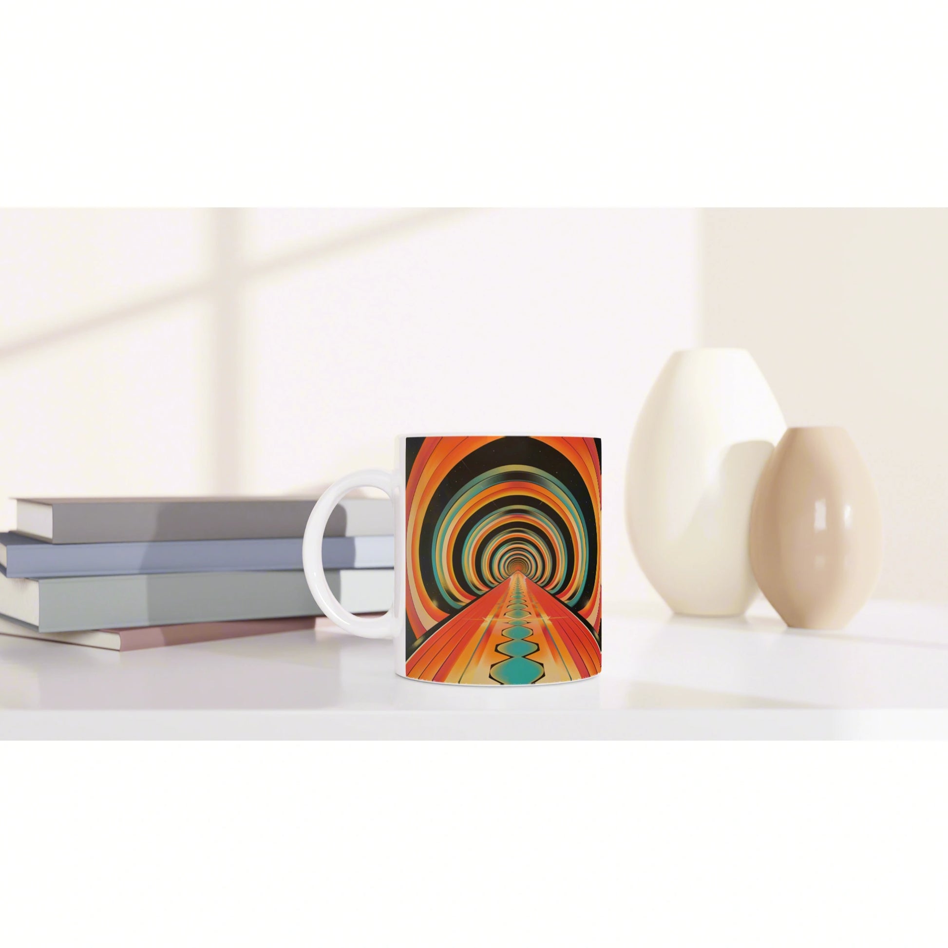 Product mockup: white mug with a bright psychedelic spiral tunnel design, on a shelf with books and cream-beige vases.