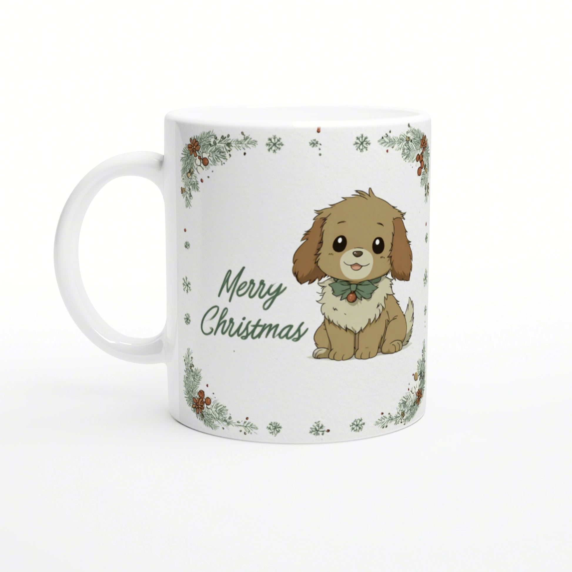 White mug featuring a cute brown puppy with a green bow, surrounded by festive snowflakes and Merry Christmas text.
