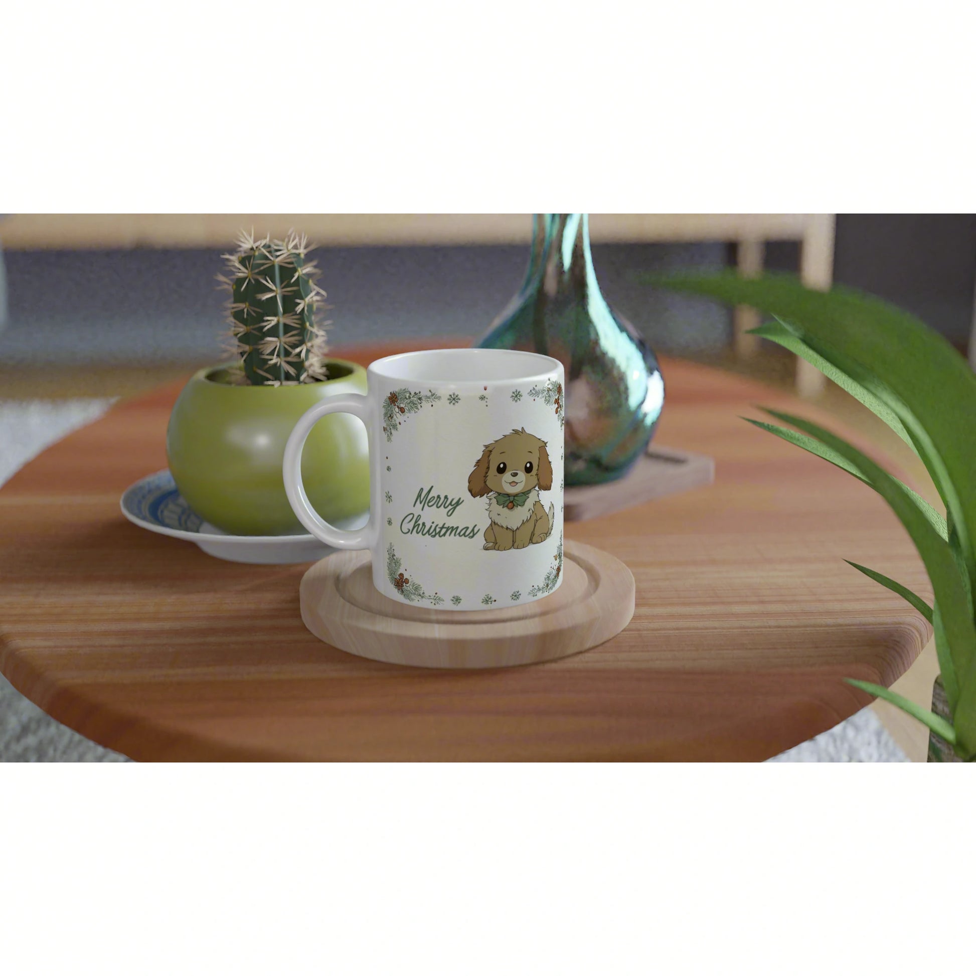 White mug mockup featuring a cute puppy and Merry Christmas text on a wooden coaster, with potted plants in the background.