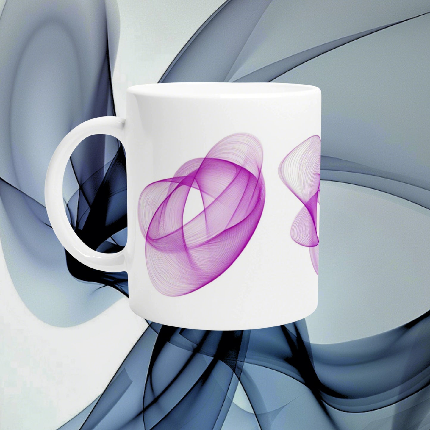 White ceramic mug with a purple abstract swirl design, displayed as a product mockup on a blue abstract background.