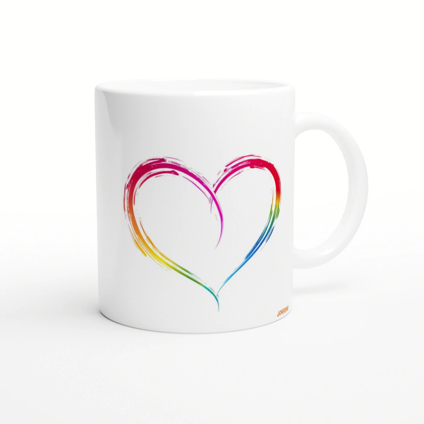 White ceramic mug with rainbow brushstroke heart outline; product mockup for a novelty shop selling cups and tees.