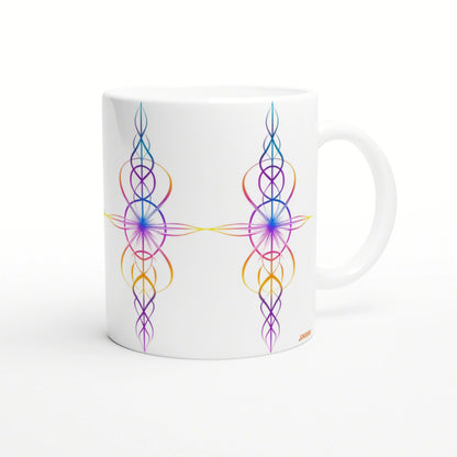 White mug featuring rainbow-colored, symmetrical ornamental pattern on both sides of intertwined loops and vertical spirals.