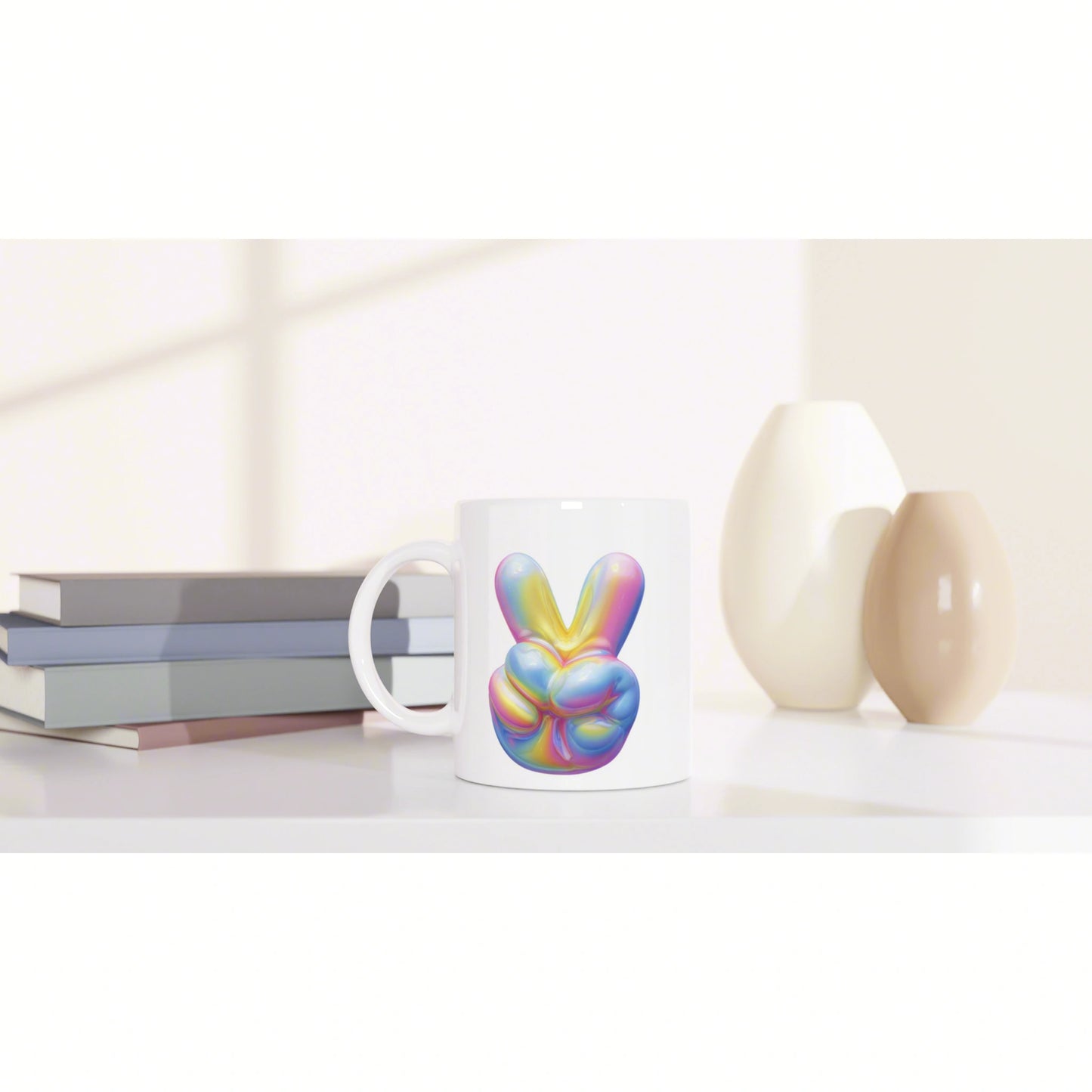 White mug with a colorful rainbow peace-sign graphic on a shelf beside books and ceramic vases (product mockup).