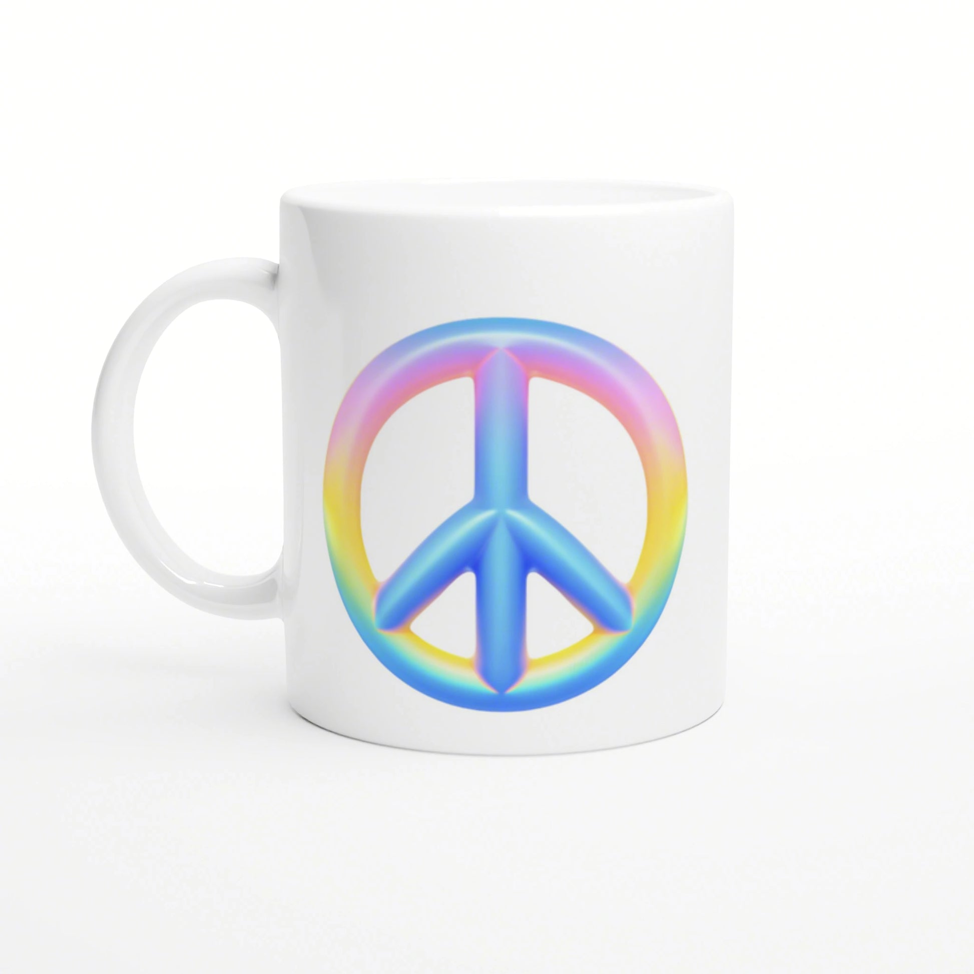 White ceramic mug featuring a large rainbow peace symbol graphic in the center.