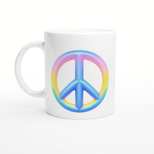 White ceramic mug featuring a large rainbow peace symbol graphic in the center.