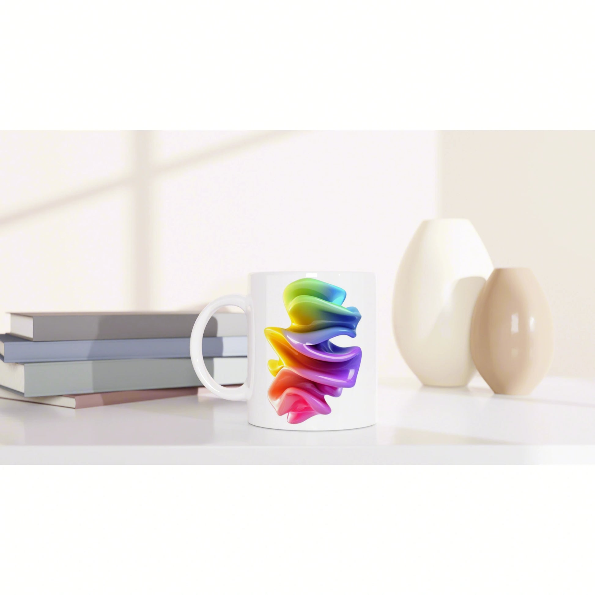 White mug with a vibrant rainbow swirl design, shown as a product mockup on a desk with books and decorative vases.