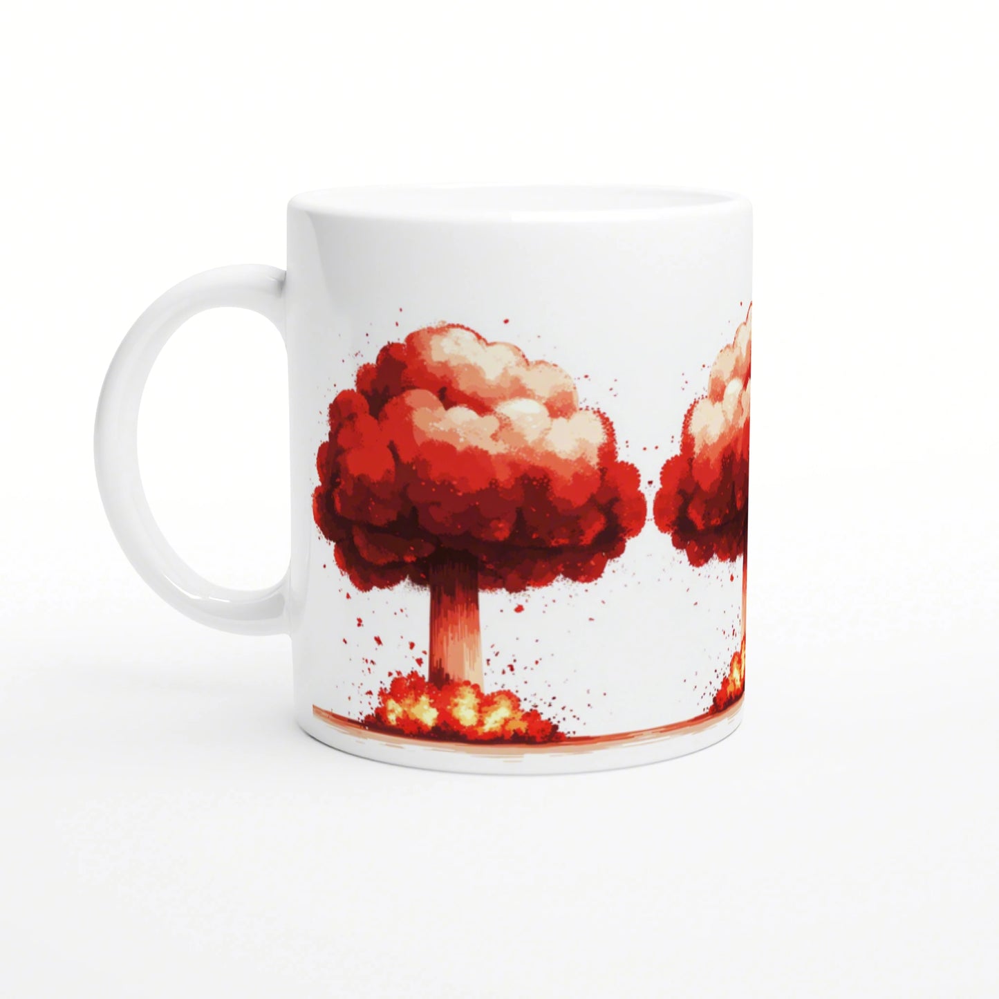 White ceramic mug with a wraparound red explosion-style tree illustration; product mockup for a novelty cup.