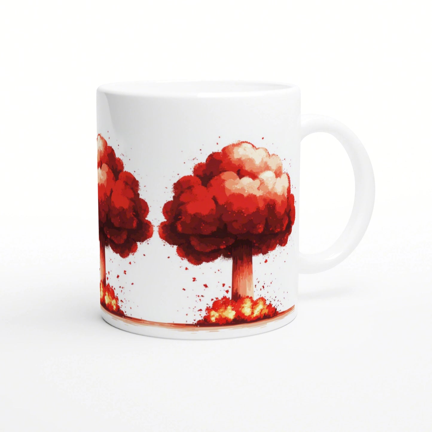White mug mockup featuring red-orange explosion-tree artwork with splashes around the base.