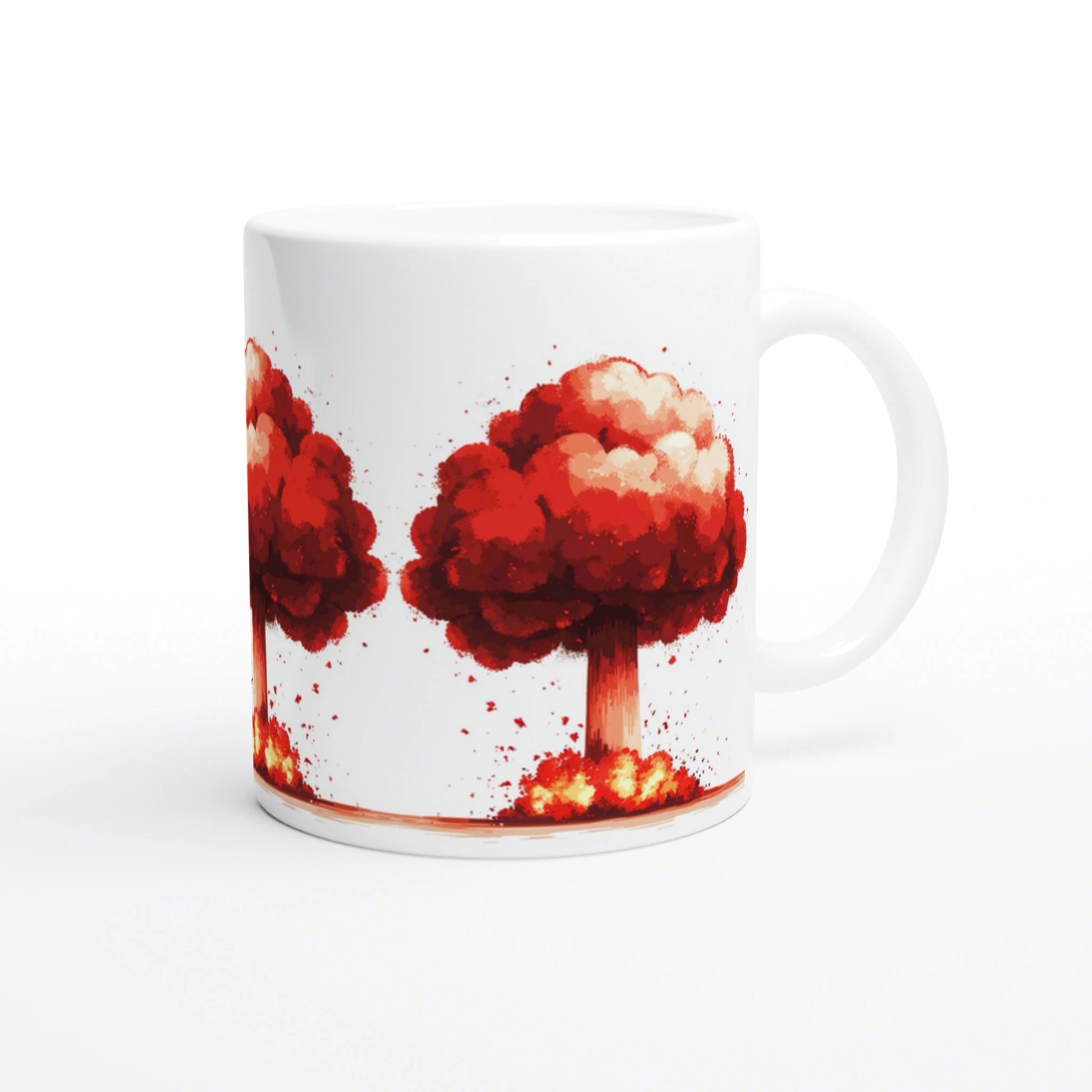 White mug mockup featuring red-orange explosion-tree artwork with splashes around the base.