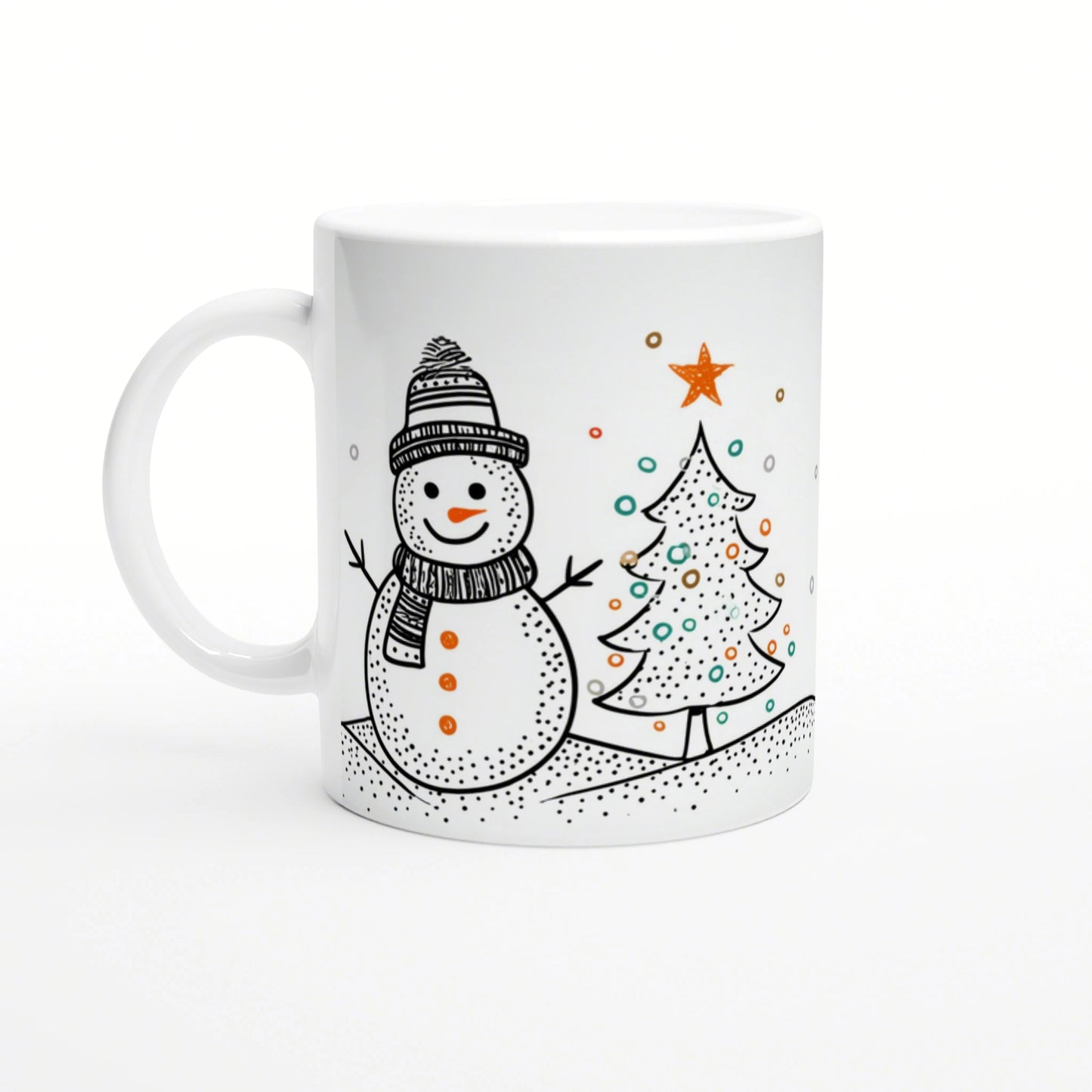 White mug featuring a playful black-and-white sketch of a snowman in a knit hat and scarf beside a decorated Christmas tree.