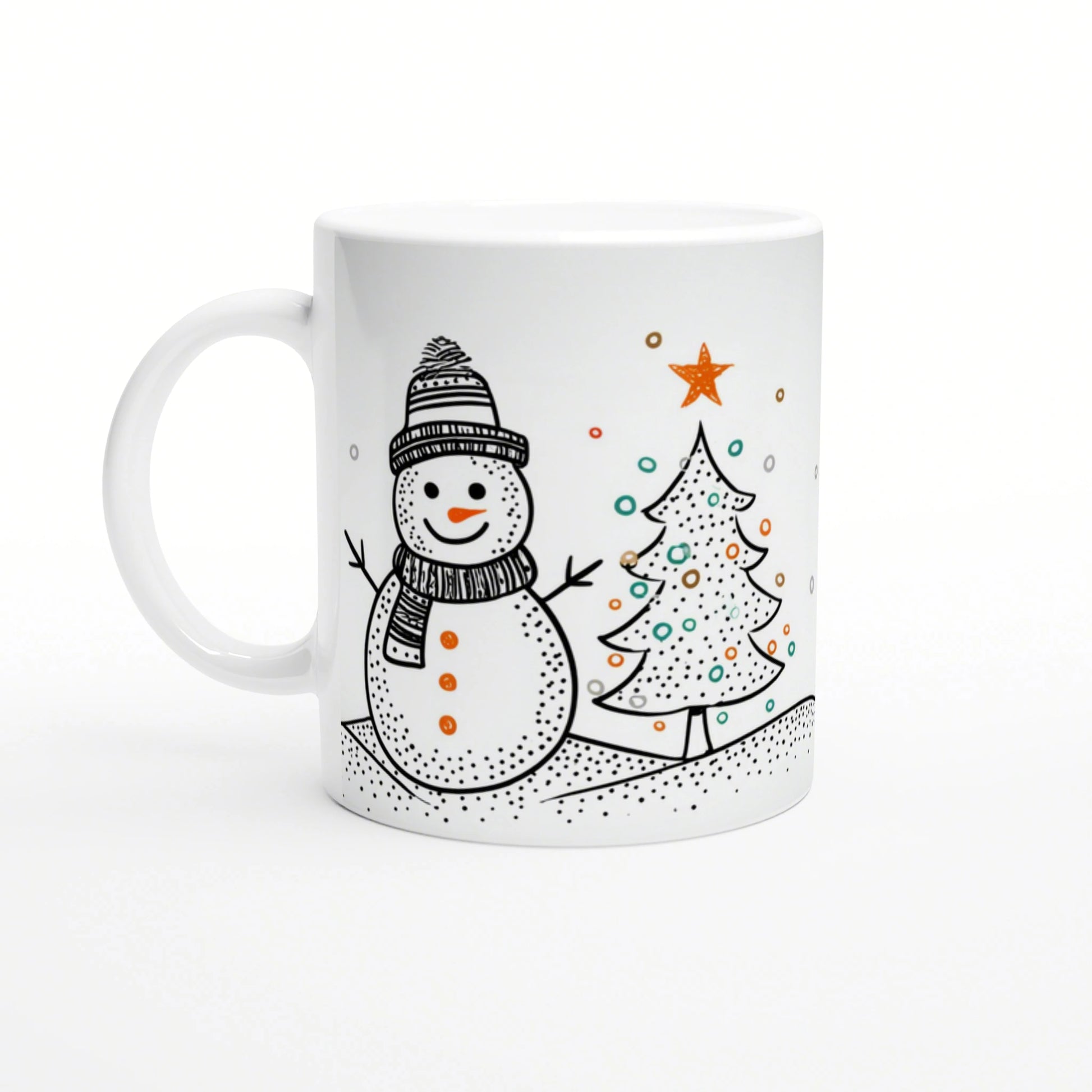 White mug featuring a playful black-and-white sketch of a snowman in a knit hat and scarf beside a decorated Christmas tree.