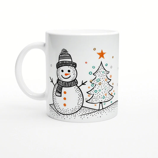 White mug featuring a playful black-and-white sketch of a snowman in a knit hat and scarf beside a decorated Christmas tree.