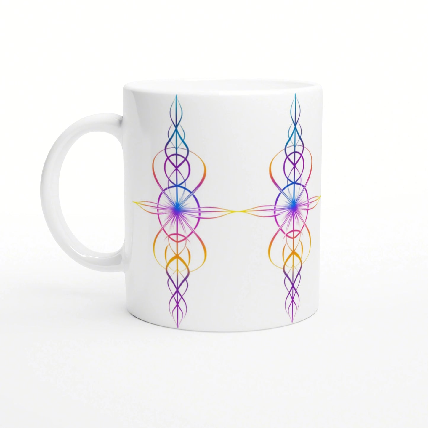 White mug featuring a symmetrical multicolor abstract line-art pattern in purple, blue and orange.