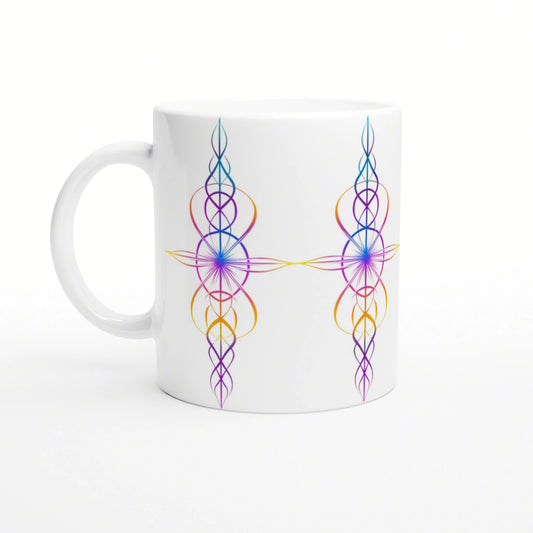 White mug featuring a symmetrical multicolor abstract line-art pattern in purple, blue and orange.