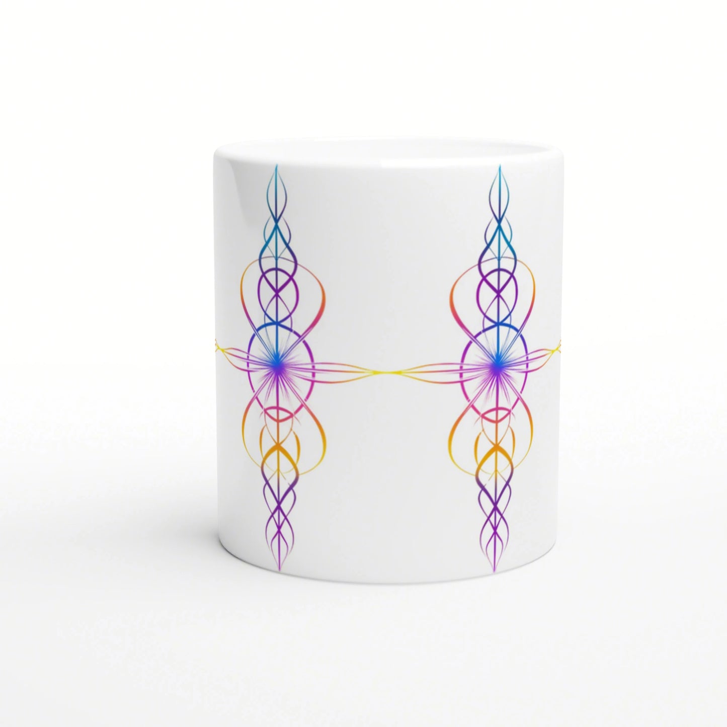 White mug featuring symmetrical rainbow geometric loops forming two vertical motifs connected by a central cross.