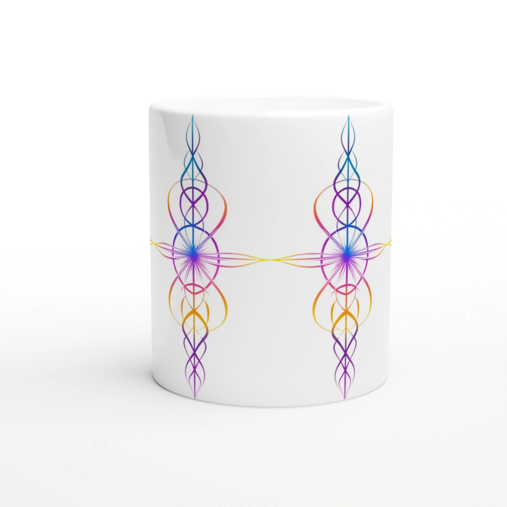 White mug featuring symmetrical rainbow geometric loops forming two vertical motifs connected by a central cross.