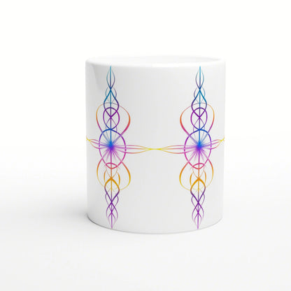White mug featuring symmetrical rainbow geometric loops forming two vertical motifs connected by a central cross.