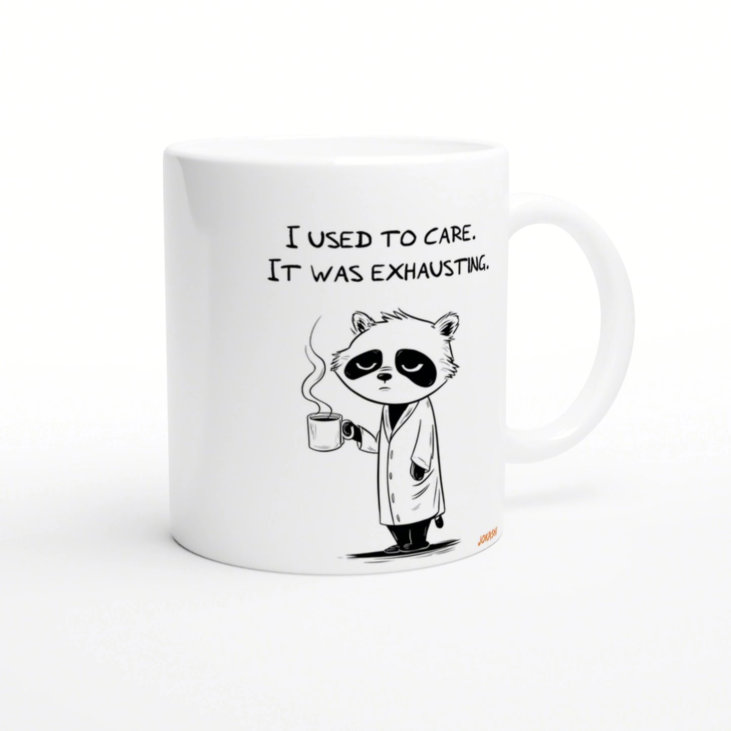 White mug featuring a tired panda in a lab coat, holding a steaming mug with the caption 'I used to care. It was exhausting.'