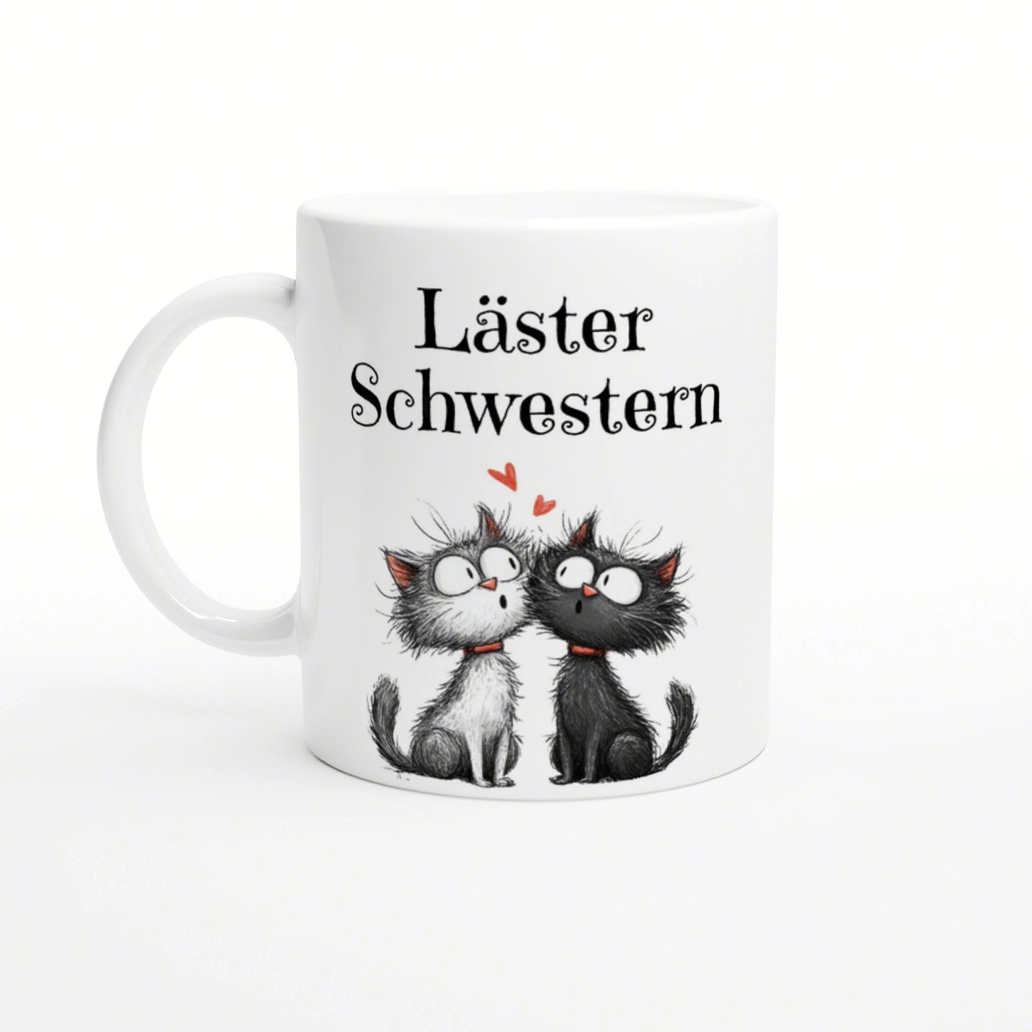White mug mockup showing two cartoon cats facing each other with hearts and the caption Läster Schwestern.