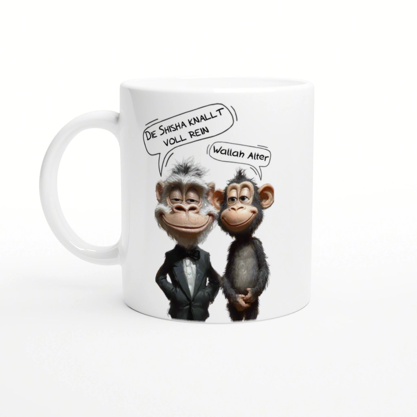 White mug with two cartoon chimpanzees in tuxedo, speech bubbles say DIE SHISHA KNALLT VOLL REIN and Wallah Alter