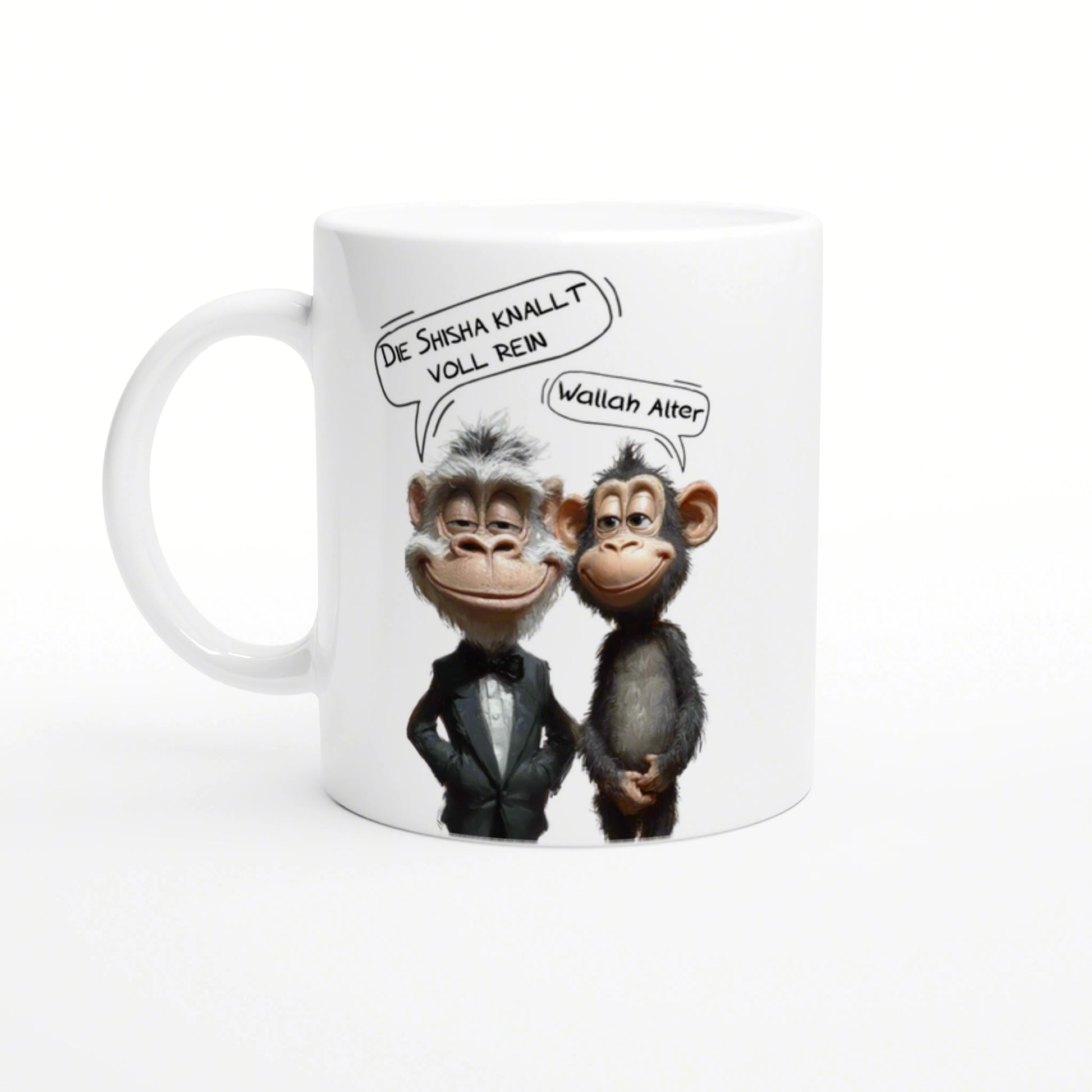 White mug with two cartoon chimpanzees in tuxedo, speech bubbles say DIE SHISHA KNALLT VOLL REIN and Wallah Alter