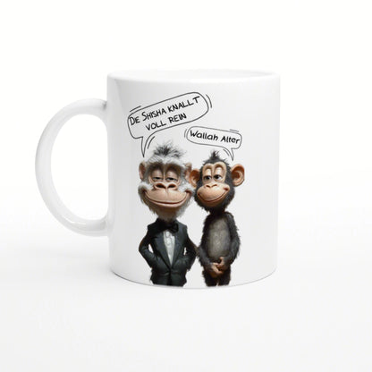 White mug with two cartoon chimpanzees in tuxedo, speech bubbles say DIE SHISHA KNALLT VOLL REIN and Wallah Alter