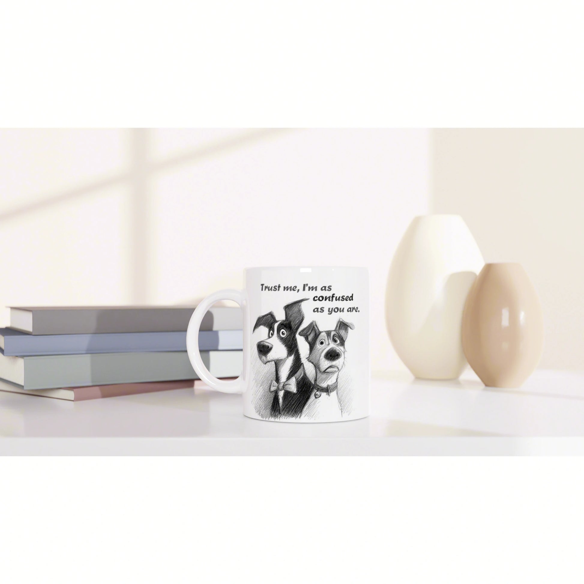 White mug with two illustrated dogs and the caption 'Trust me, I'm as confused as you are,' placed on a shelf beside books.