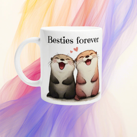 White ceramic mug mockup featuring two cheerful cartoon otters with hearts and the caption Besties forever.