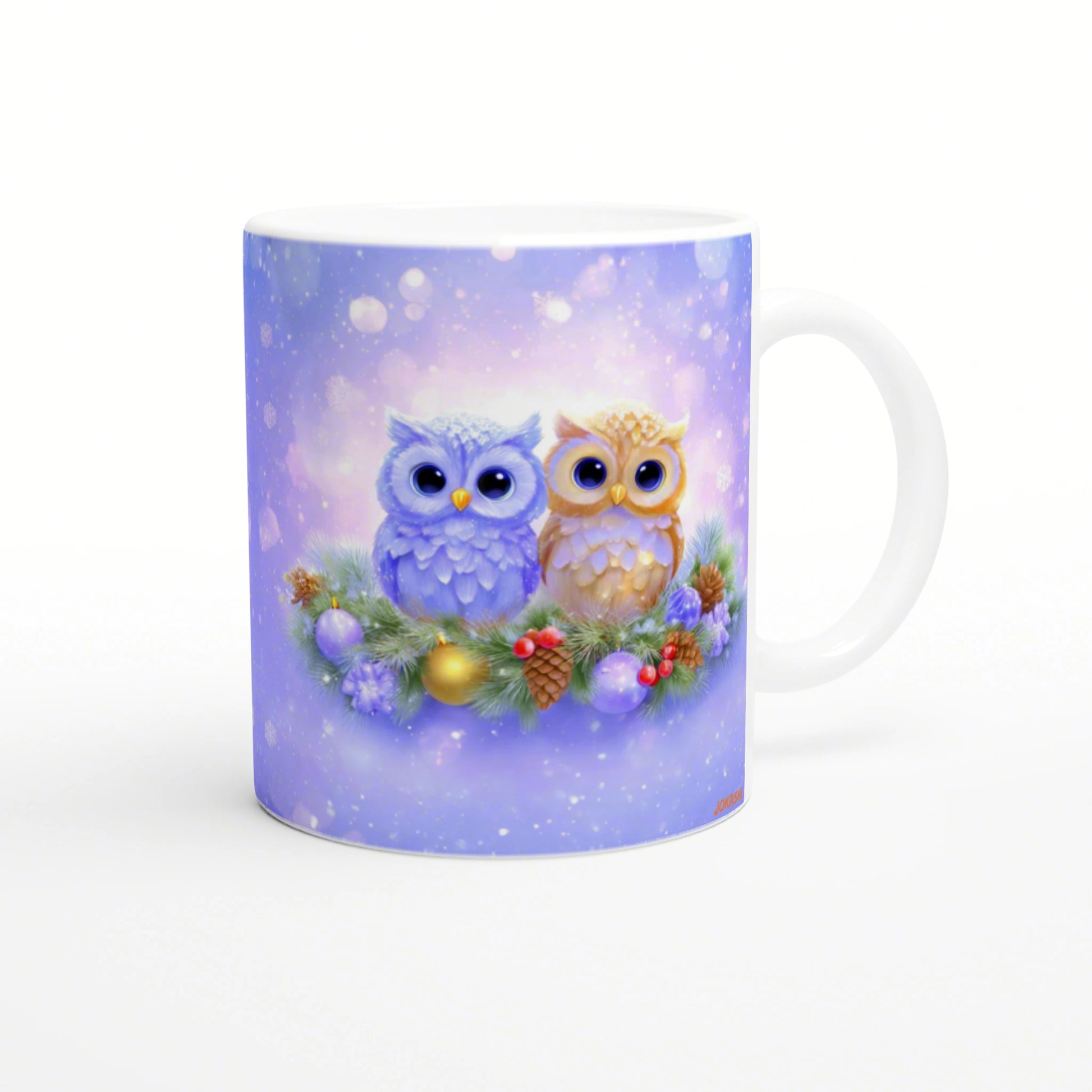 Mug mockup featuring two cute owls perched on a pine wreath with ornaments against a purple wintry background.